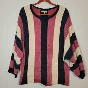 Solitaire striped chenille dolman sleeve pullover sweater size L pink navy